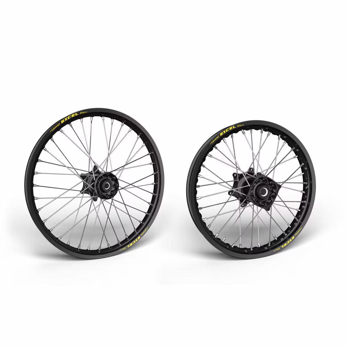 Two motorcycle wheels with black rims and yellow accents on a white background