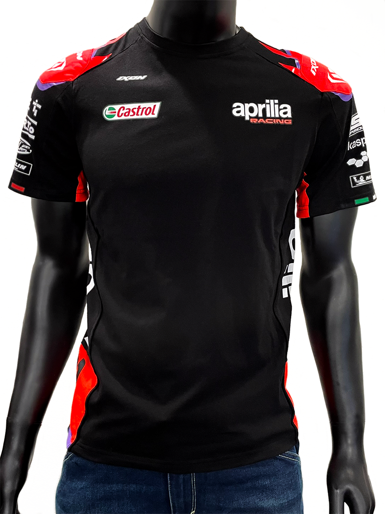 Front view of mannequin wearing Aprilia Racing GP 22 Teamwear Replica T-Shirt