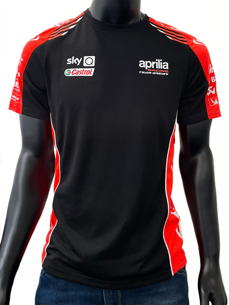 Front view of mannequin wearing Aprilia Racing GP 21 Teamwear Replica T-Shirt