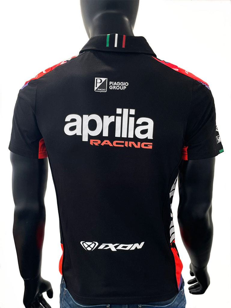 Back view of mannequin wearing Aprilia Racing GP 22 Teamwear Replica Quarter Zip Polo Shirt