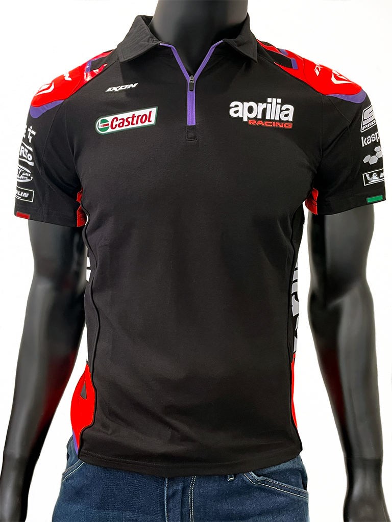 Front view of mannequin wearing Aprilia Racing GP 22 Teamwear Replica Quarter Zip Polo Shirt