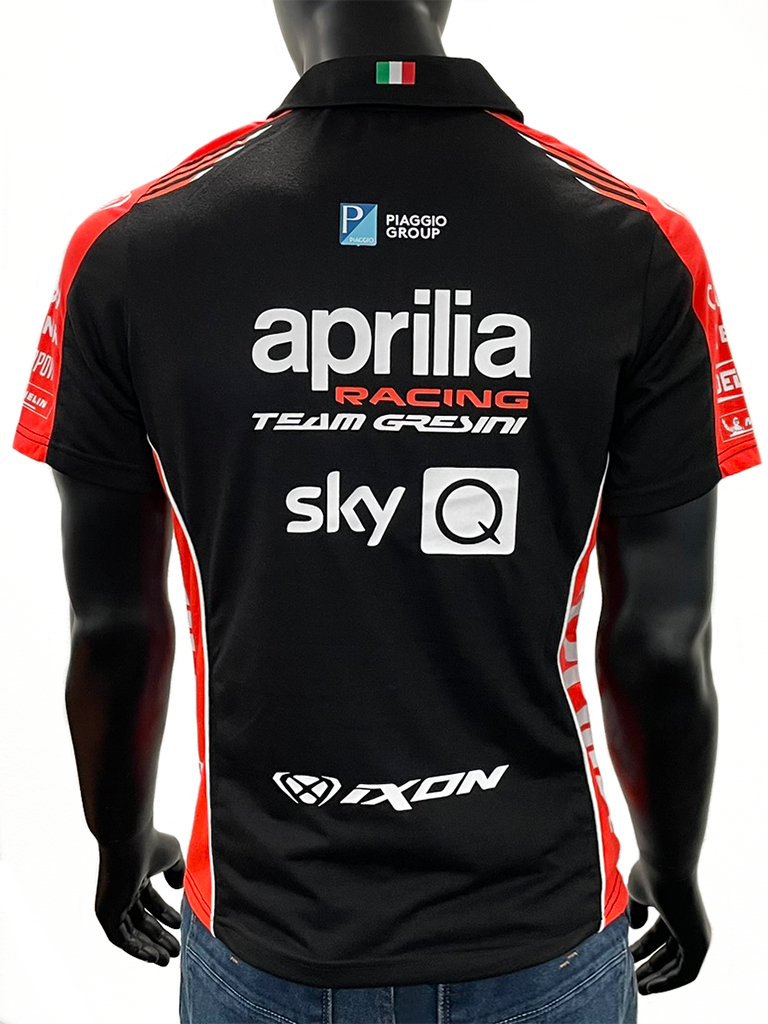 Back view of mannequin wearing Aprilia Racing GP 21 Teamwear Replica Quarter Zip Polo Shirt