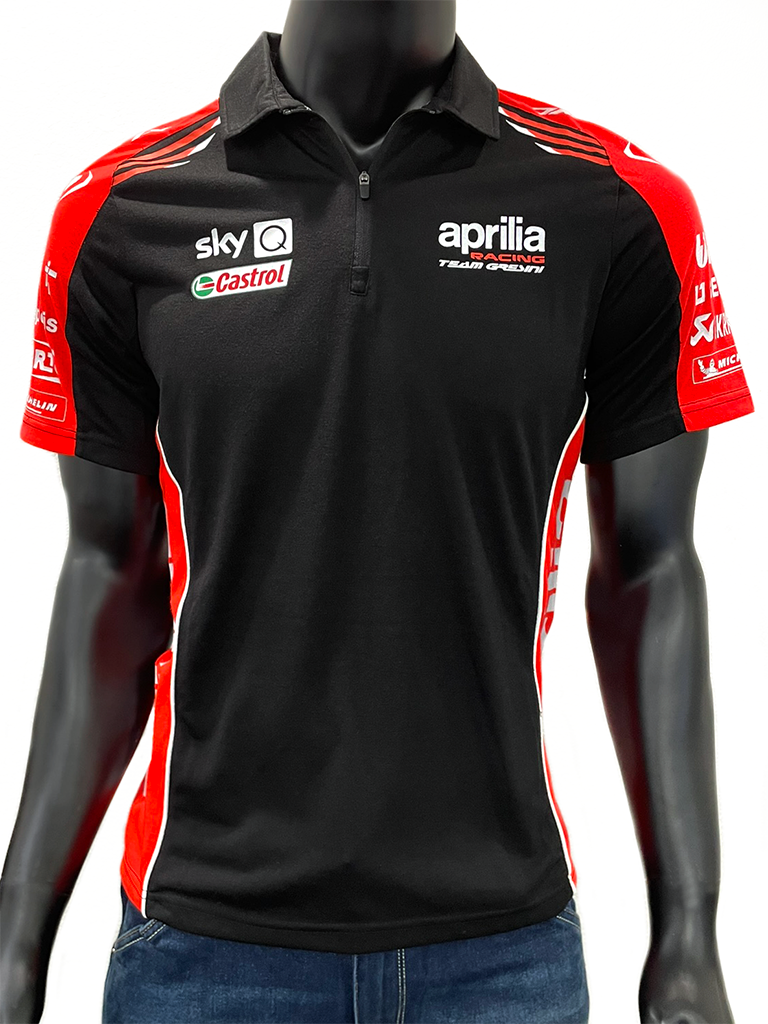 Front view of mannequin wearing Aprilia Racing GP 21 Teamwear Replica Quarter Zip Polo Shirt