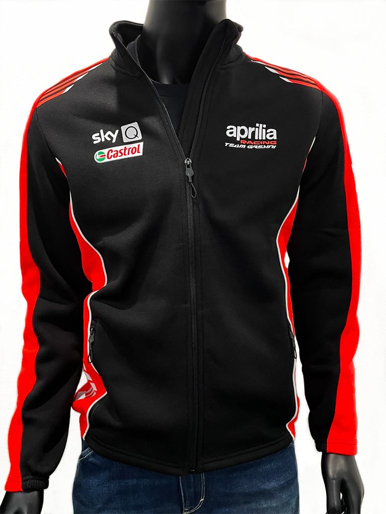 Front view of mannequin wearing Aprilia Racing GP 21 Teamwear Replica Full Zip Sweatshirt