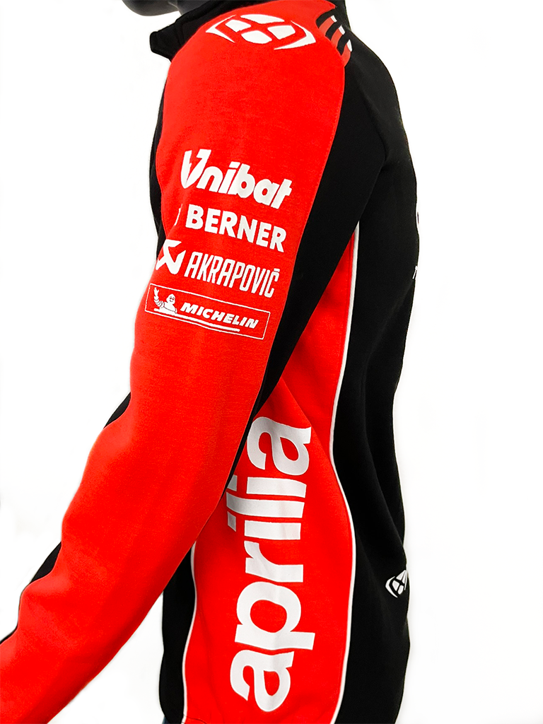 Left side view of mannequin wearing Aprilia Racing GP 21 Teamwear Replica Full Zip Sweatshirt