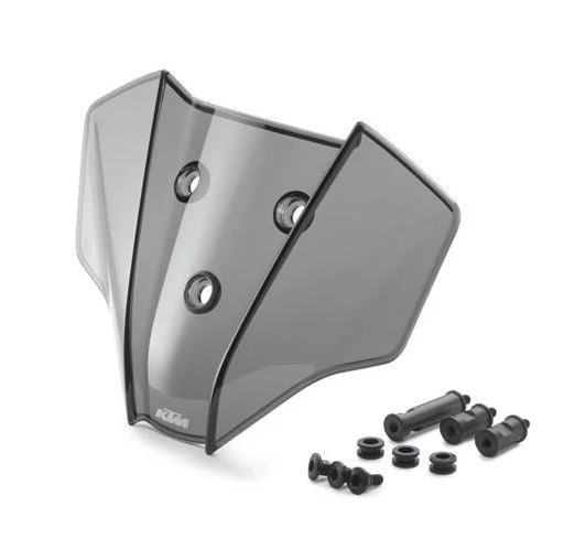 Uninstalled tinted Flyscreen Kit showing installation materials for 2020-2023 KTM 1290 Super Duke 