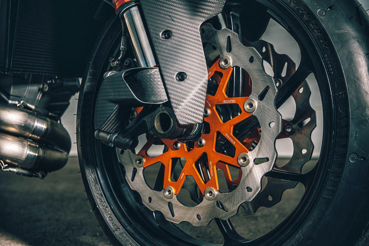 close up and detailed photo of right side of bike with installed Carbon Fiber Brake Cooling Duct Kit for 2020-2024 KTM 1290 Super Duke