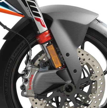 detailed photo of right side of bike with installed Carbon Fiber Brake Cooling Duct Kit for 2020-2024 KTM 1290 Super Duke