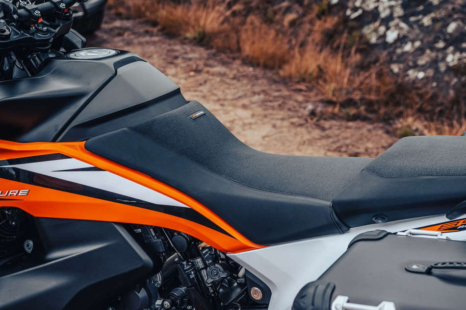 detailed photo of installed KTM Ergo Heated Riders Seat for 790 & 890 Adventure models