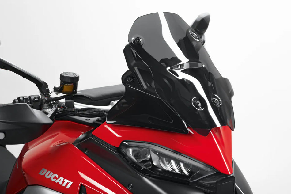 Detailed photo of installed Smoke Tinted Enduro Windscreen for 2023-2024 Ducati Multistrada V4