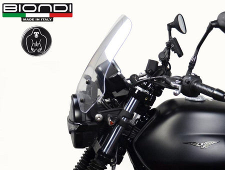 left view of Biondi Italy Transparent Touring Windscreen Kit installed on Moto Guzzi V7 850