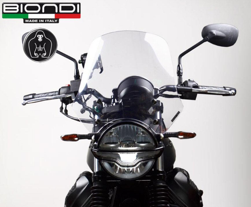 front view of Biondi Italy Transparent Touring Windscreen Kit installed on Moto Guzzi V7 850