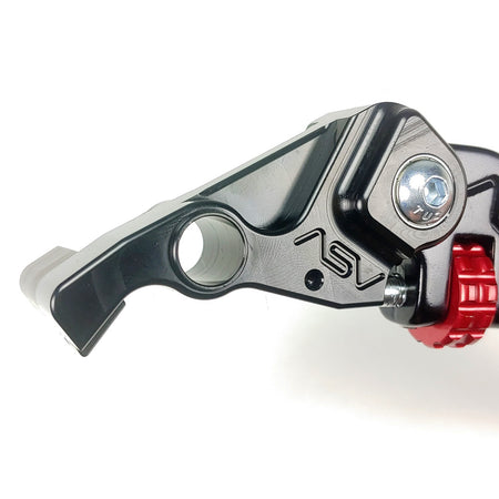 detailed close up of uninstalled ASV C5 Series Unbreakable Sport Brake Lever in black with red adjuster