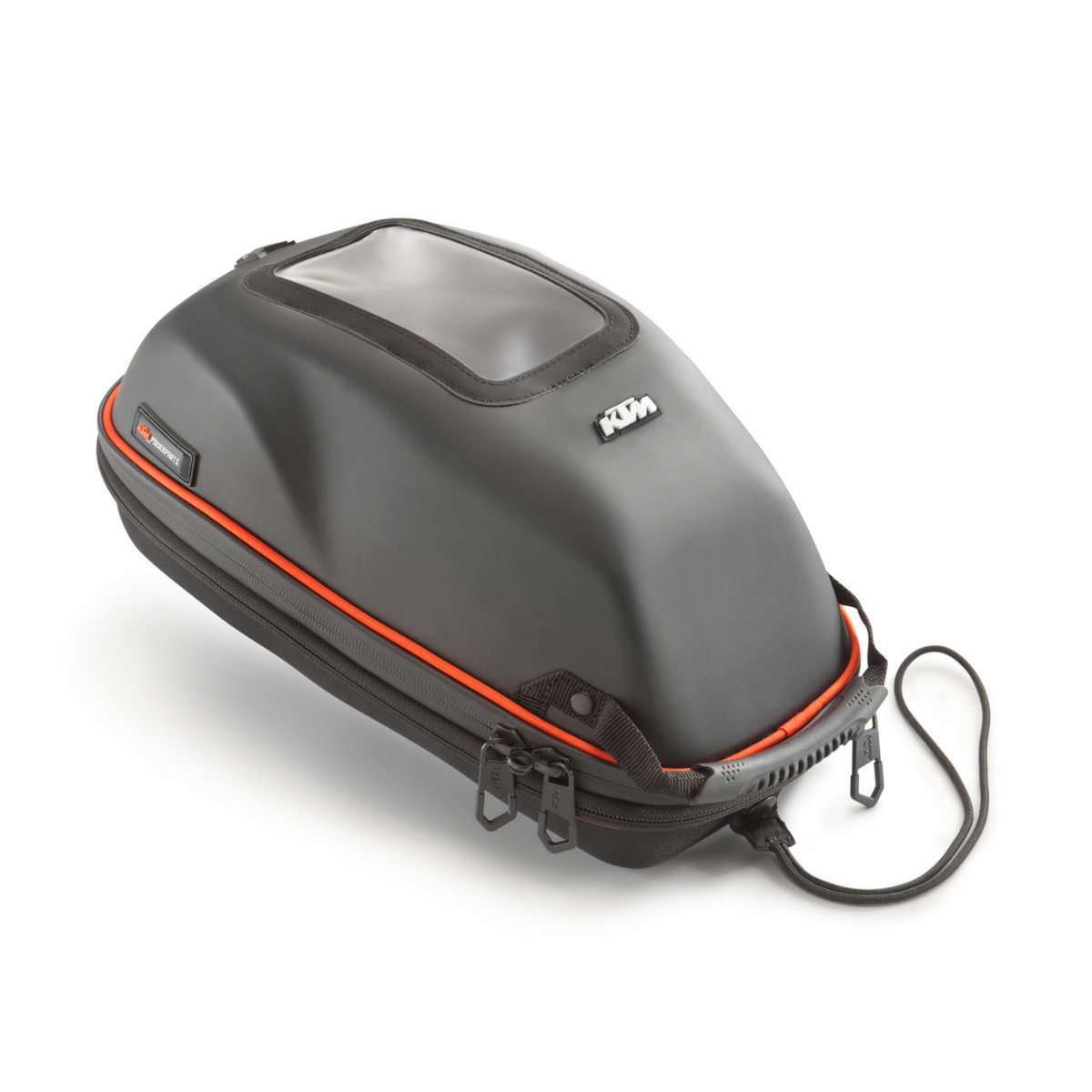 Detailed photo of 2020-2023 KTM 1290 Super Duke Expandable Tank Bag in black with orange accent