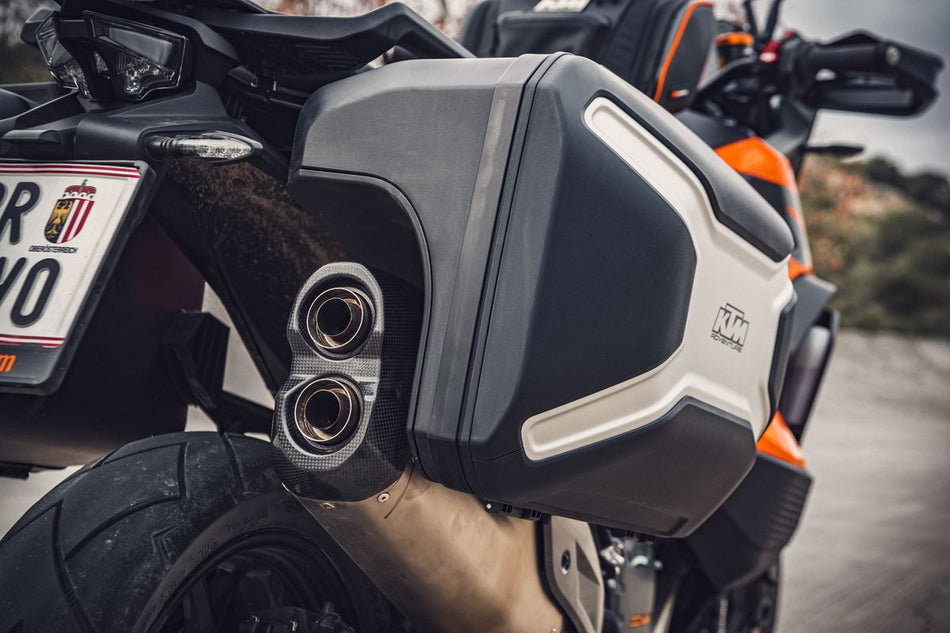 Detailed photo of installed Touring Side Case Set (right only) showing KTM logo for 2022-2024 KTM 1290 Super Adventure