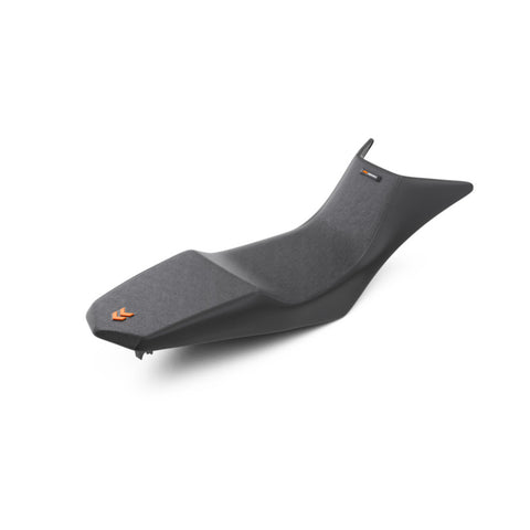 KTM Powerparts Low Race Seat, Black with Orange arrow logo on the back and KTM word logo on the front. For 790/890 Adventure 2019+