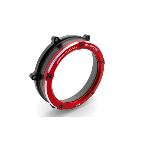 Ducabike Clear Wet Clutch Cover with a red outer ring for Ducati Streetfighter V4