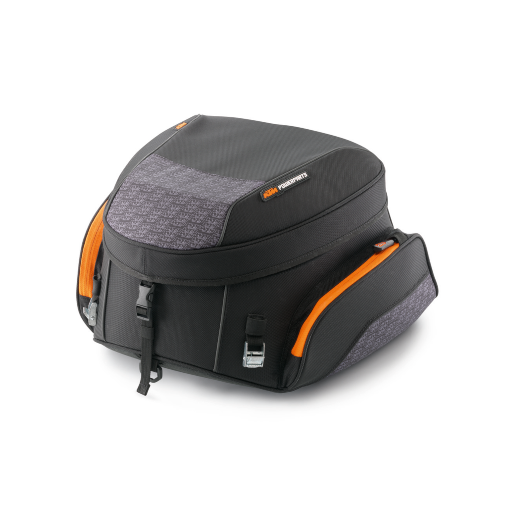 KTM Expandable Tail Bag Large size in black with orange trim. For 890 Duke