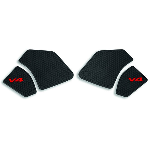 Ducati Performance fuel tank protection pads in black with red V4 lettering on the bottom edgesfor Streetfighter V4